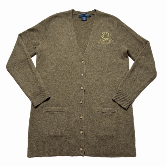 VTG Ralph Lauren Olive Green Wool Angora Vneck Crest Cardigan Sweater L Preppy - Picture 1 of 6